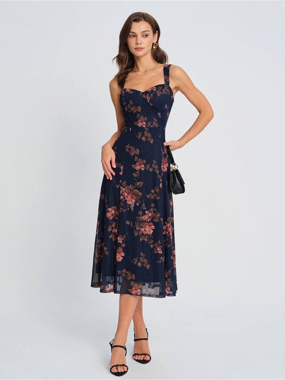 Navy Floral Midi Dress with Sweetheart Neckline